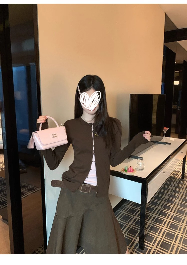 纯欲咖拼粉复古假两件内搭打底衫t恤女2025秋季外穿修身长袖上衣