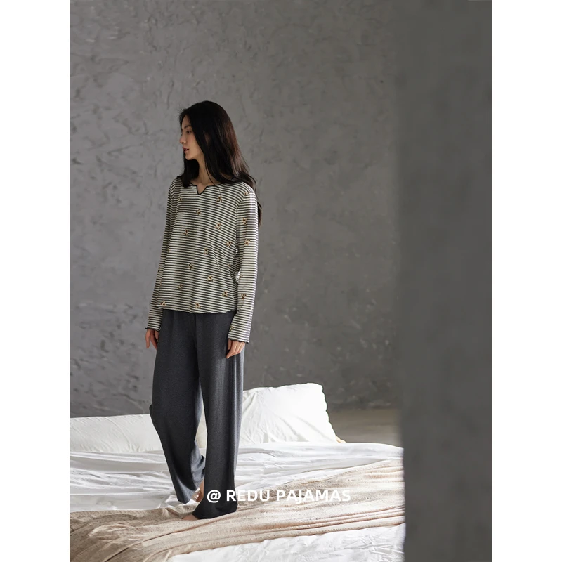 【巨柔软】热妒莫代尔睡衣女款春秋小熊条纹长袖可外穿家居服套装