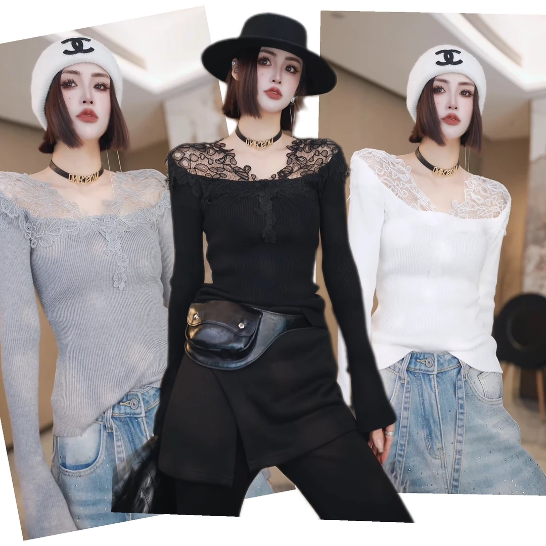 EH【柒柒】法式毛针织衫蕾丝白色厚款气质设计感拼接套头款W4664