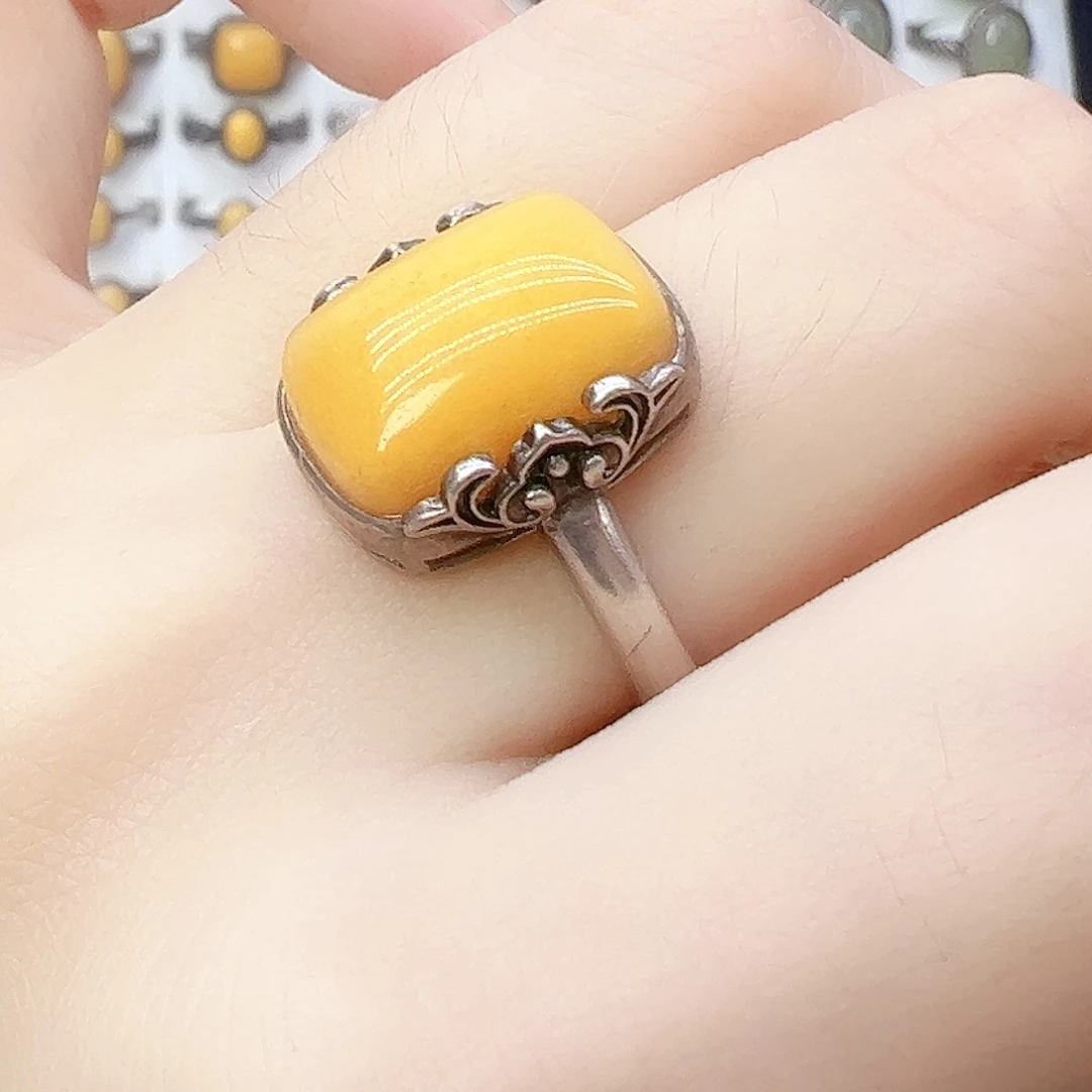 蜜蜡银S925镶嵌戒指，