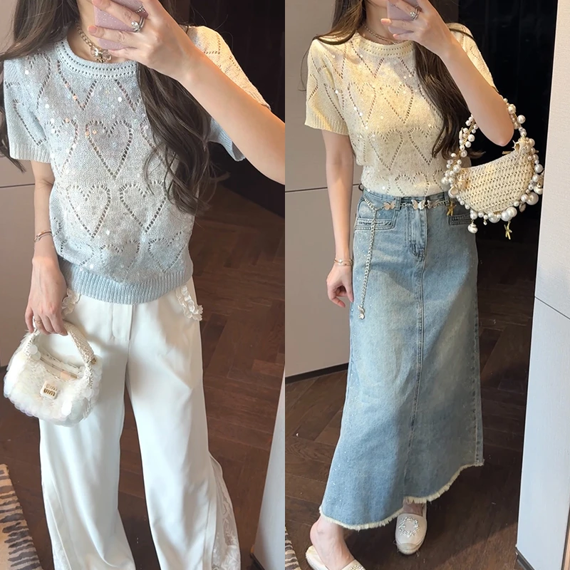 【mimius】琳琳 时尚甜美镂空爱心亮片圆领针织短袖 WG03100