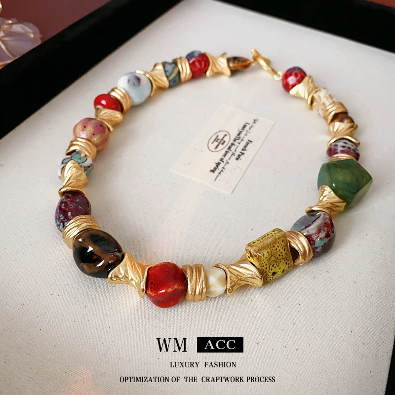 合金陶瓷项链 复古花朵项链夸张锁骨链轻奢小众首饰百搭高级感女