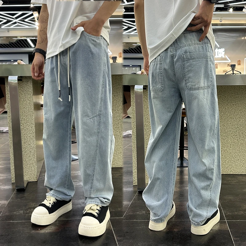 2025夏季新款浅蓝色直筒牛仔裤男宽松时尚阔腿裤弯刀薄款休闲裤子