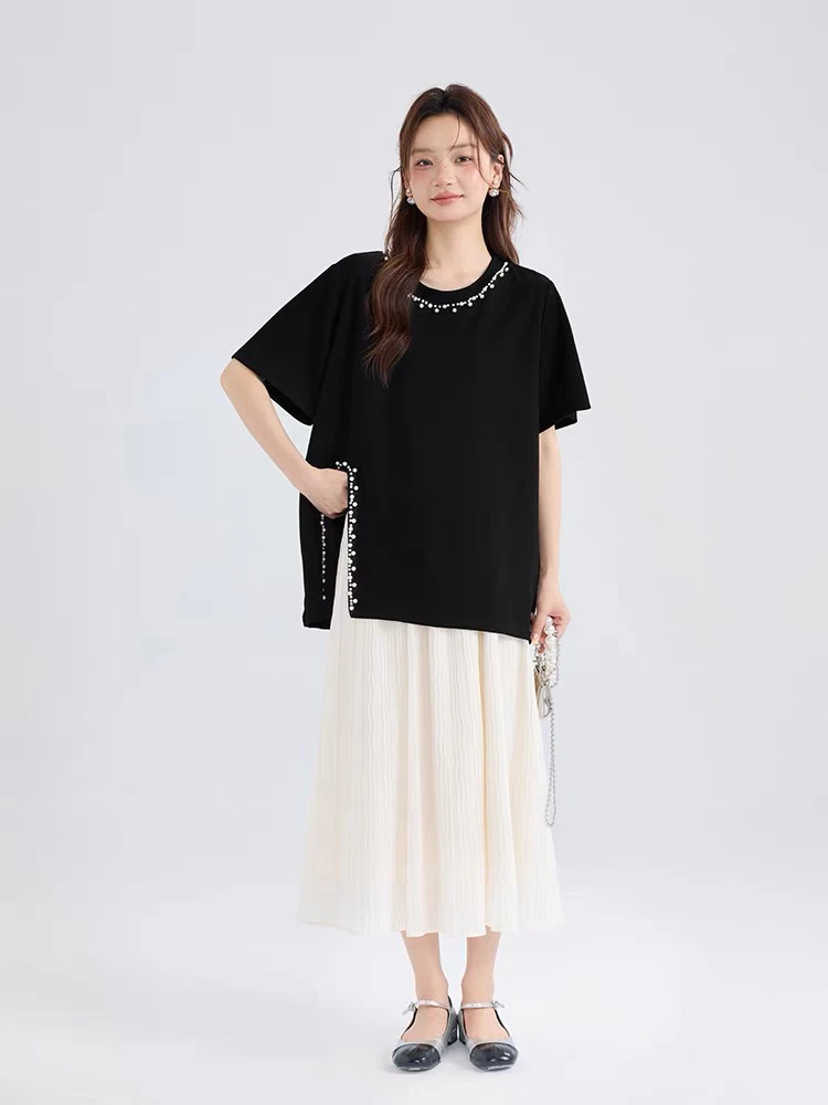 058 孕妇装2025夏季新品外穿洋气珍珠开衩T恤+猪鼻扣百褶a字裙子