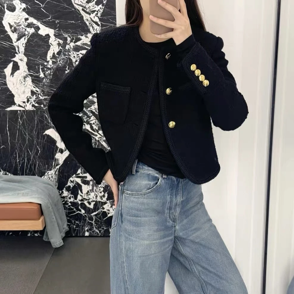 99新 Celine/思琳 A100692/金扣粗花呢黑色外套/34码