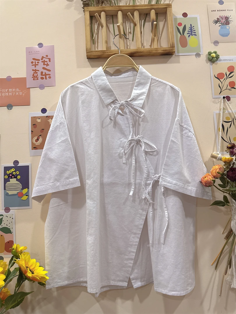 《米粒》82839森系小清新娃娃领宽松百搭系带衬衫