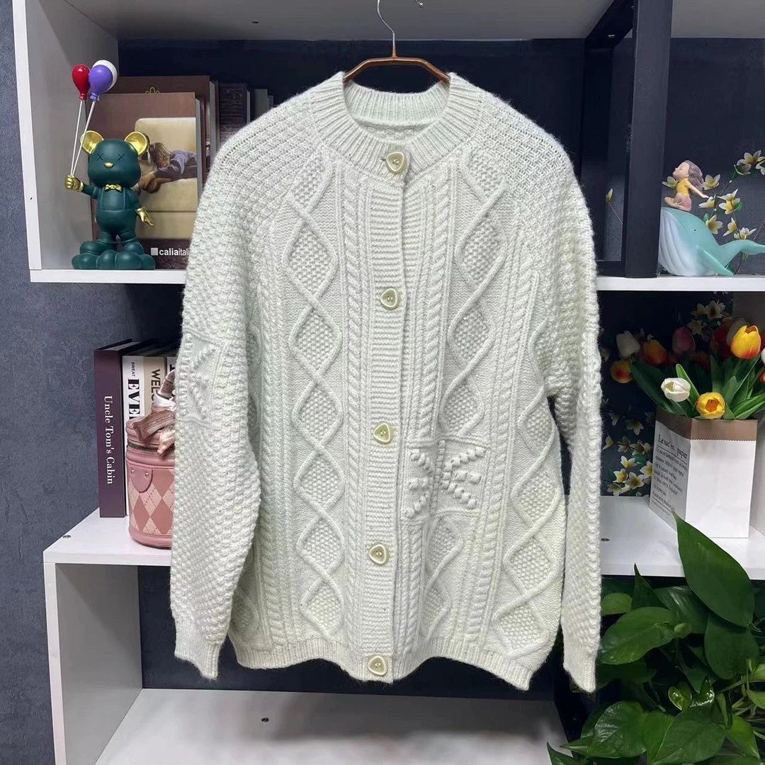 YM464【春季新款】时尚淡青色圆领单排扣麻花纹休闲开衫Z