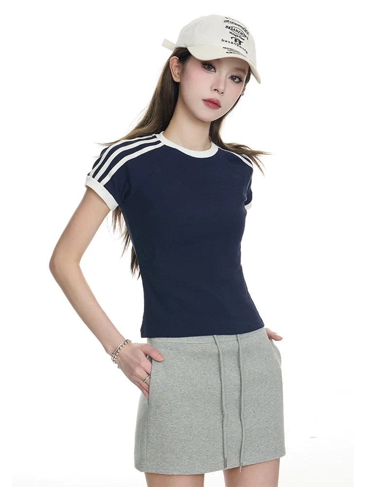 日系chic港味纯棉正肩短袖T恤女三条杠圆领夏季修身显瘦掐腰上衣