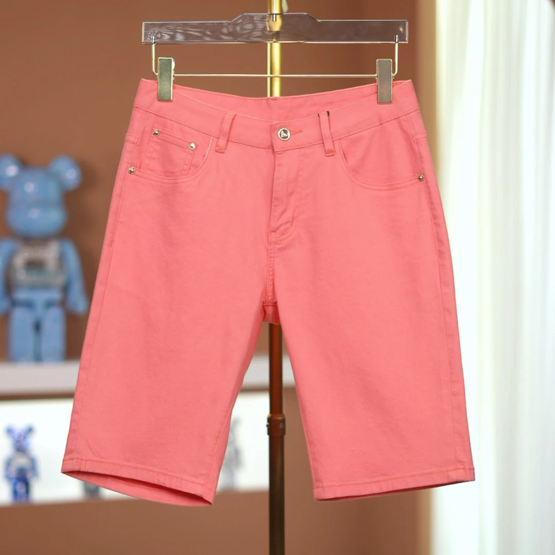 桃红色牛仔短裤男士夏季纯色修身弹力轻奢中裤百搭男款五分裤子男