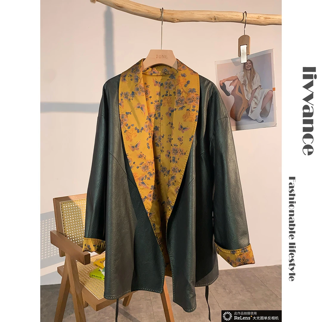 短款绵羊皮复古中式绿色网红风衣皮衣拼接长款外套新中式上衣风衣