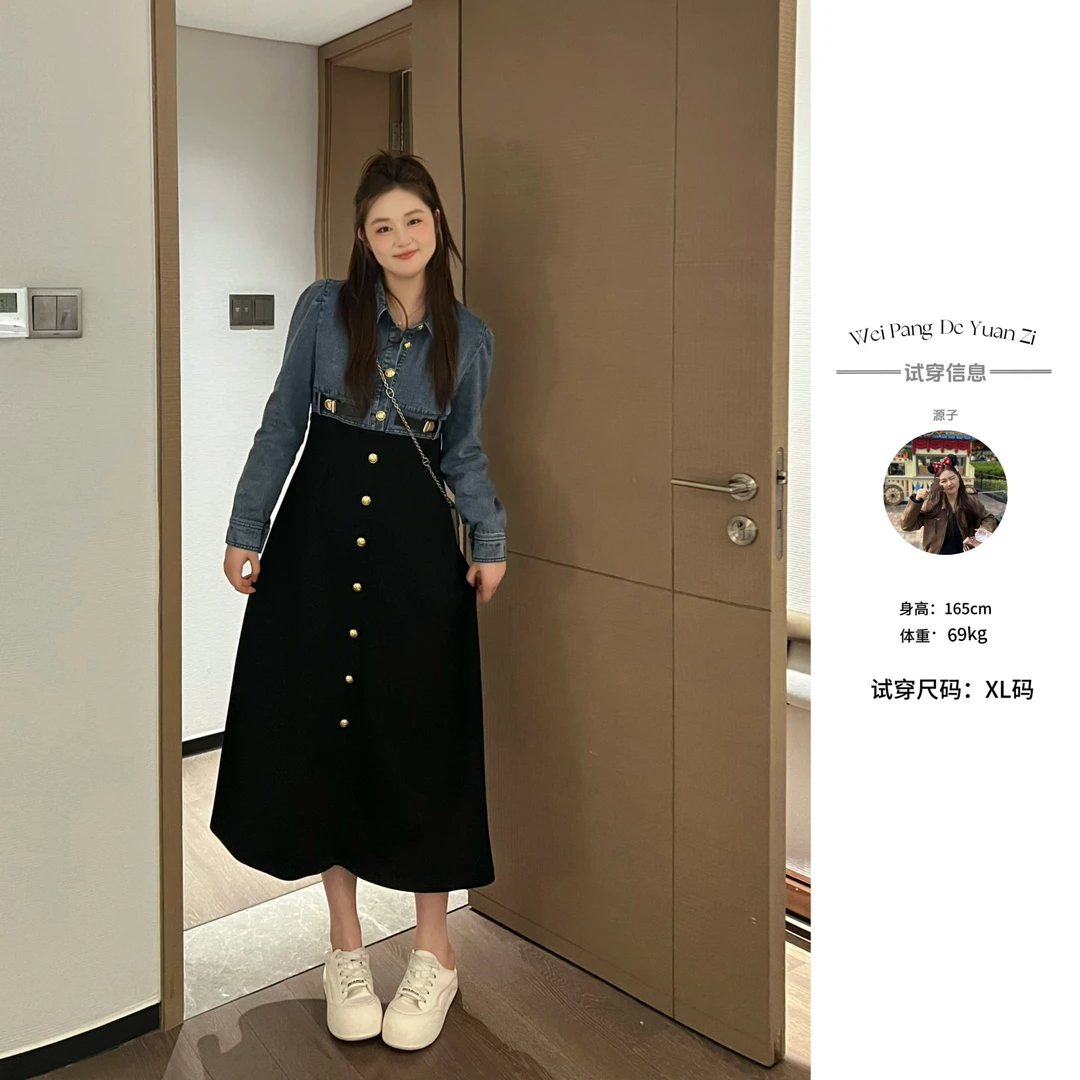 楠序源子【温斯顿】微胖女装 2025年春牛仔拼接假两件连衣裙YZ35029