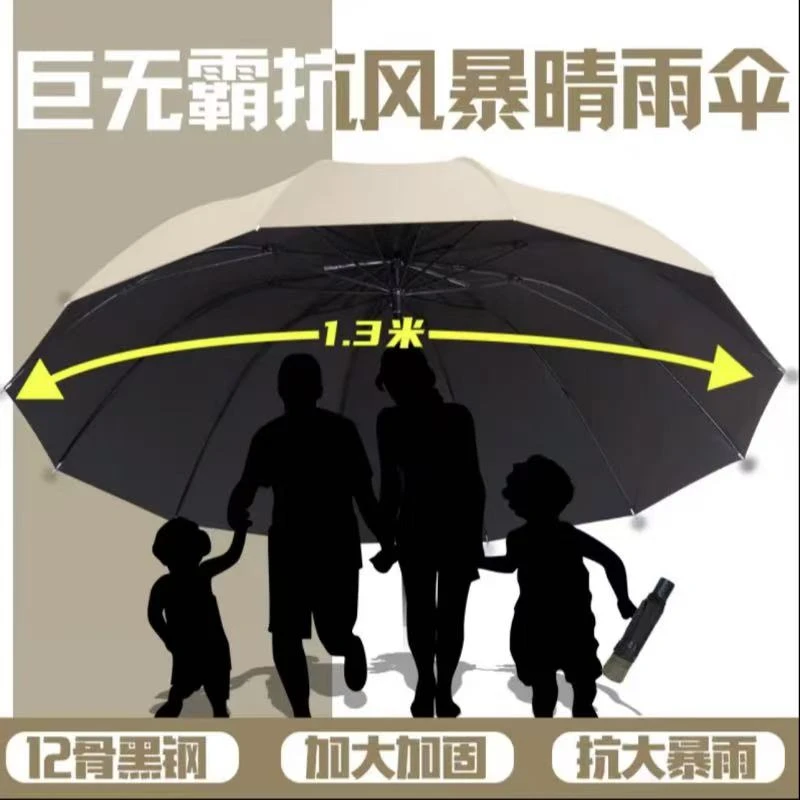 颐人三人结实加大加固加厚抗风雨伞黑胶折叠防紫外线防暴雨遮阳伞