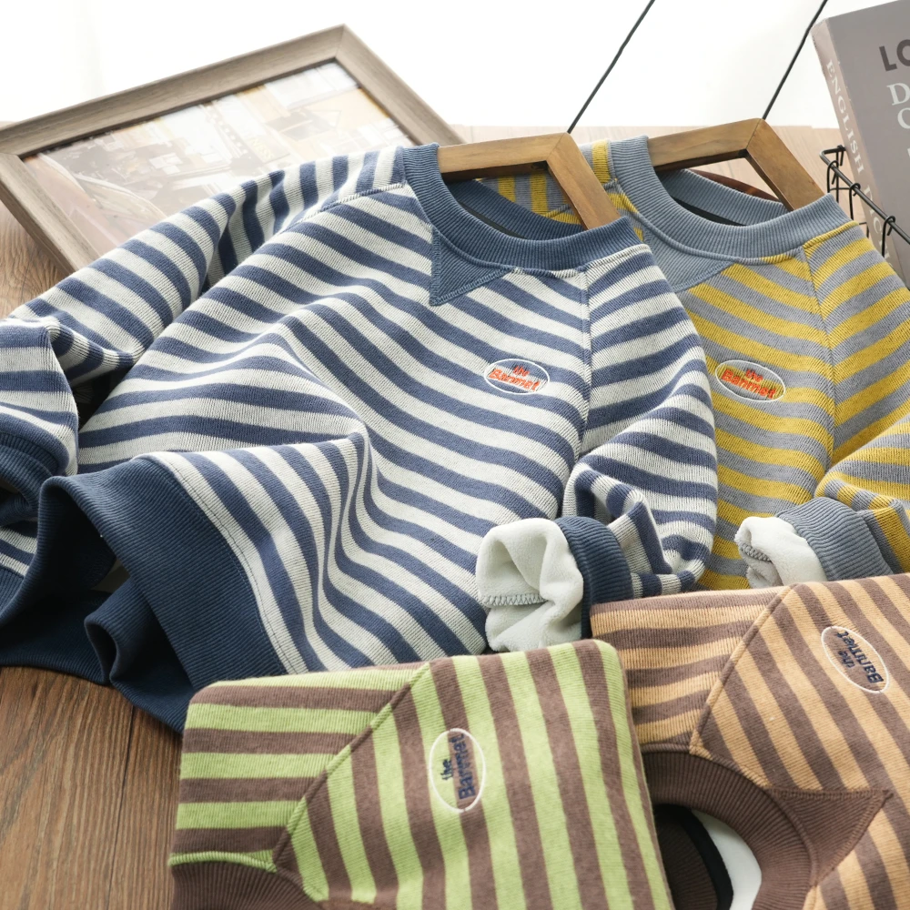 休闲秋冬款儿童条纹加绒卫衣圆领上衣中大童长袖百搭25457