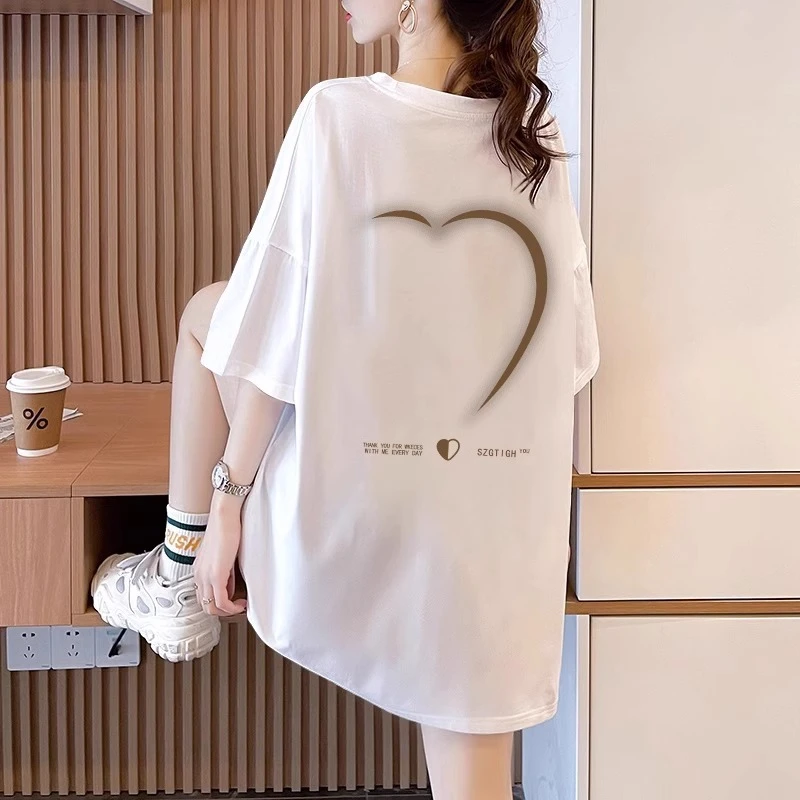 大码女装2025新款设计感短袖t恤女减龄宽松中长款纯棉白色上衣女