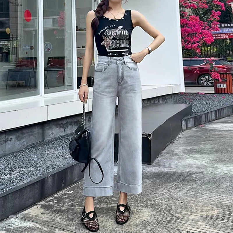 美思源复古阔腿牛仔裤女2025秋季新款小个子九分裤高腰直筒裤