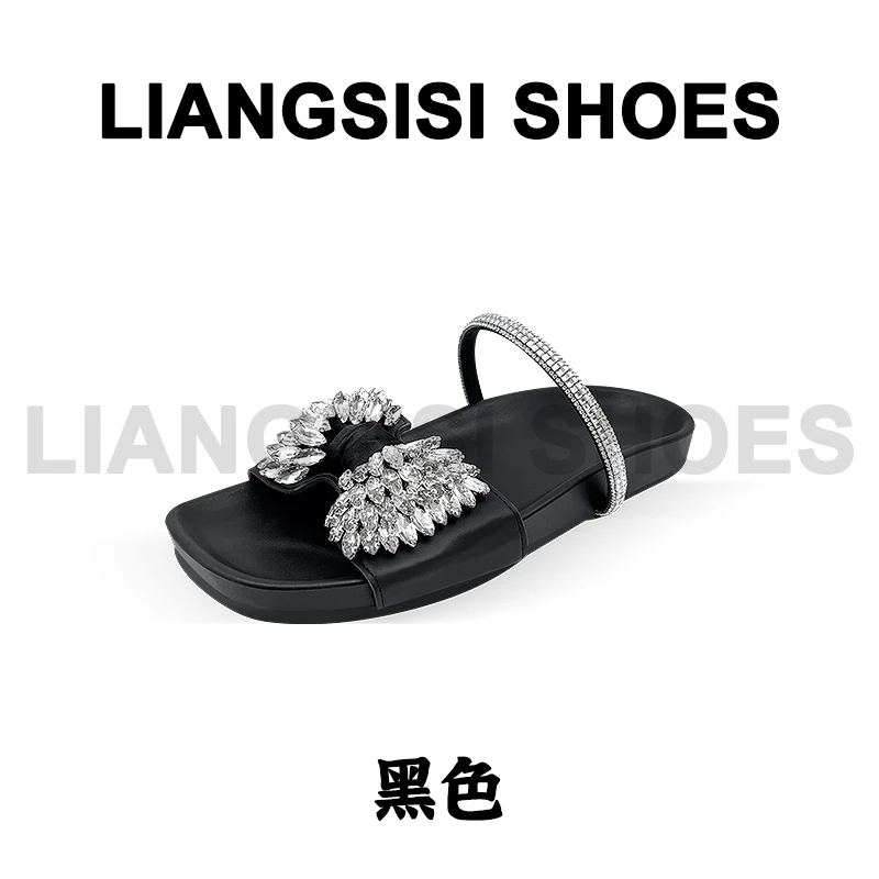 梁思思SHOES2025夏季新款露趾水晶蝴蝶结时尚潮流一字拖-HT179