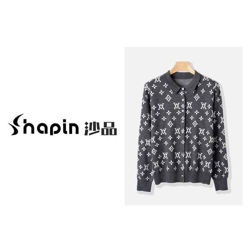 时尚老花翻领针织开衫秋冬复古提花宽松气质款上衣女MM7468