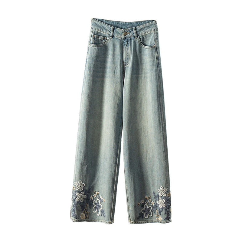 高定刺绣高腰垂感直筒牛仔裤春夏季复古蓝小个子女新国风宽松绣花