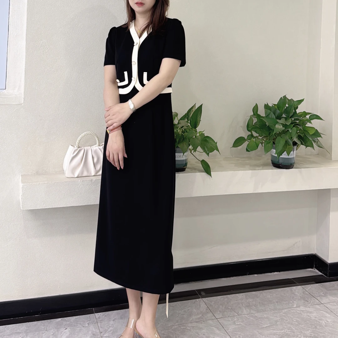 sdl白边连衣裙欧式V领常规斜襟夏装套头过膝中长款