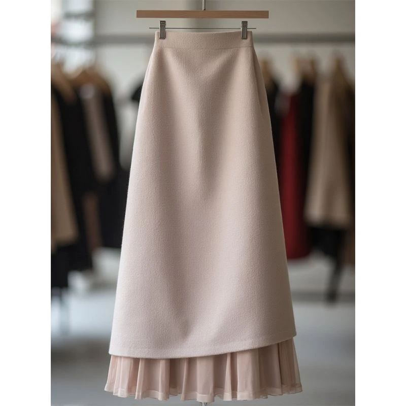 毛呢拼接雪纺穿搭女2025秋冬季新款高级气质通勤设计感显瘦半身裙