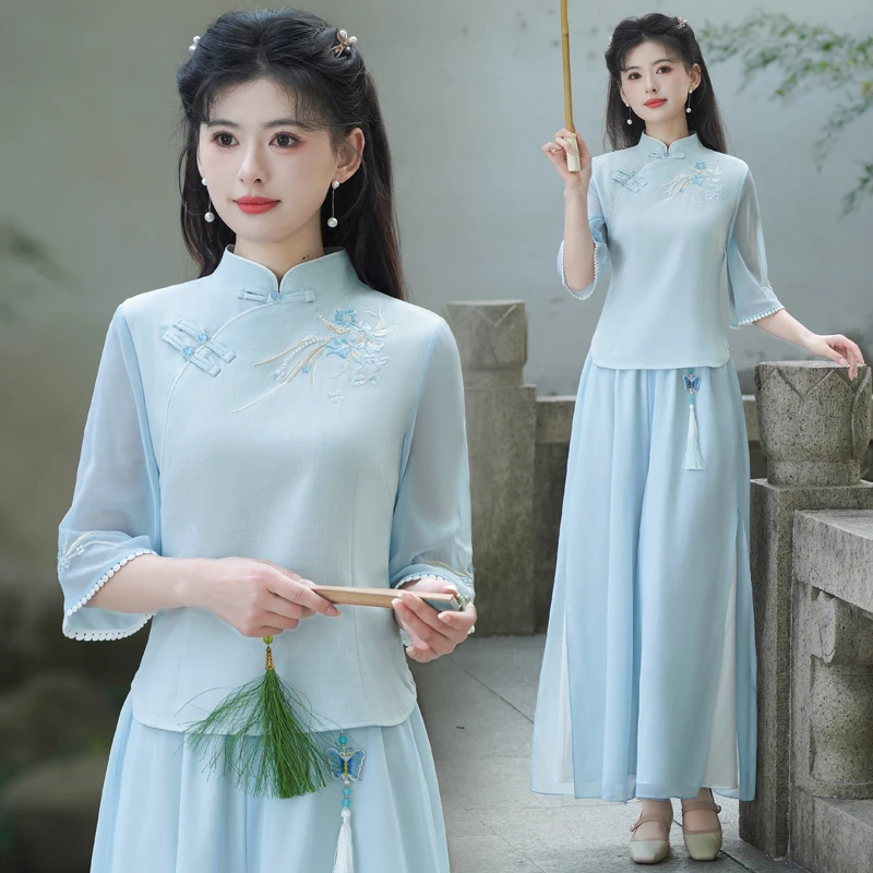 新中式棉麻半袖绣花上衣春夏新款汉服立领复古民国风茶服两件套女