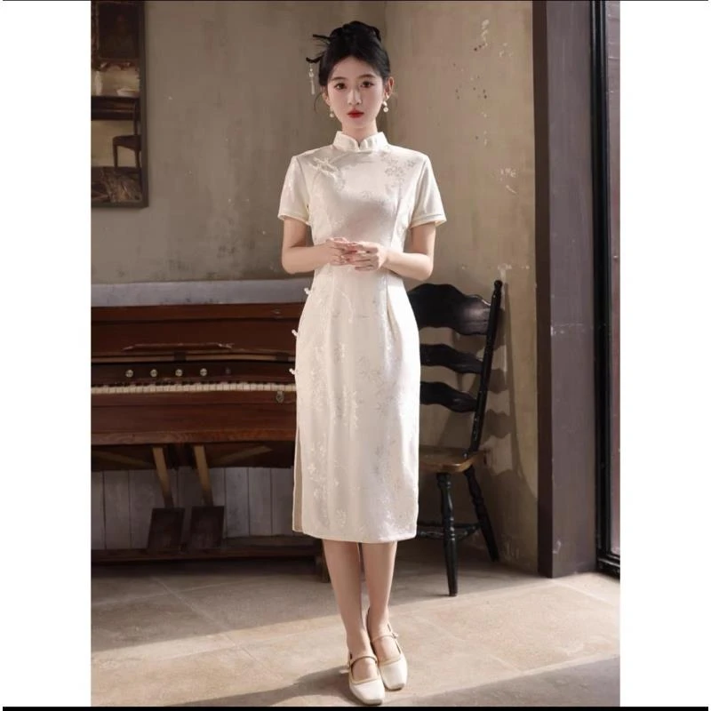 【思恋】新款米白色中长款小个子短款改良日常旗袍修身显瘦遮肉