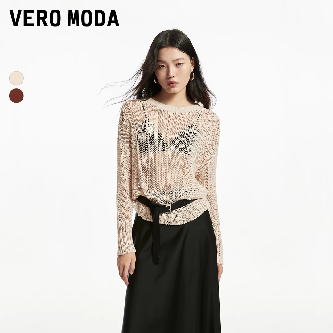 Vero Moda针织衫女早秋新款罗纹圆领镂空长袖上衣324324034