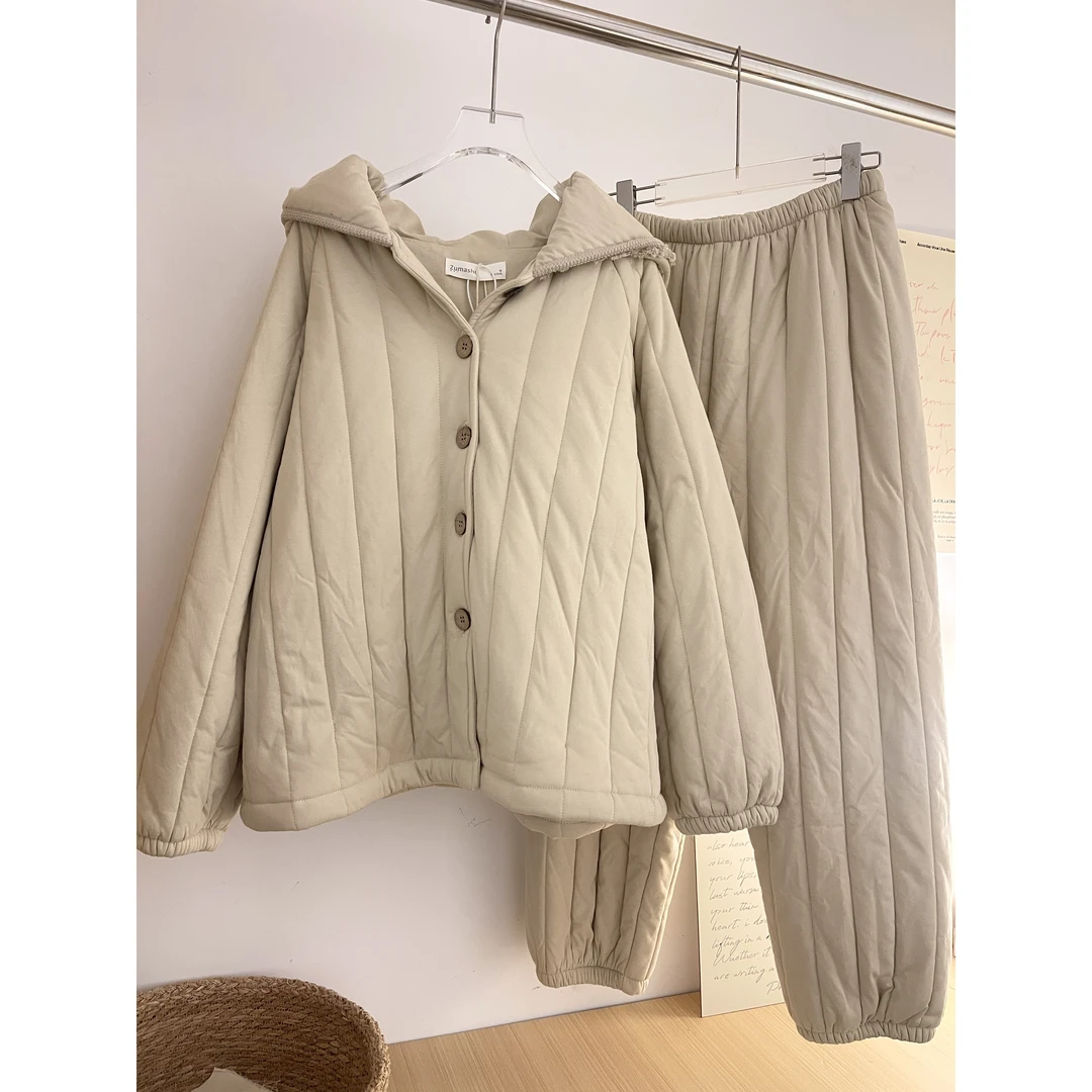 保暖夹棉简约连帽睡衣女款冬季新款慵懒感舒适家居服两件套可外穿