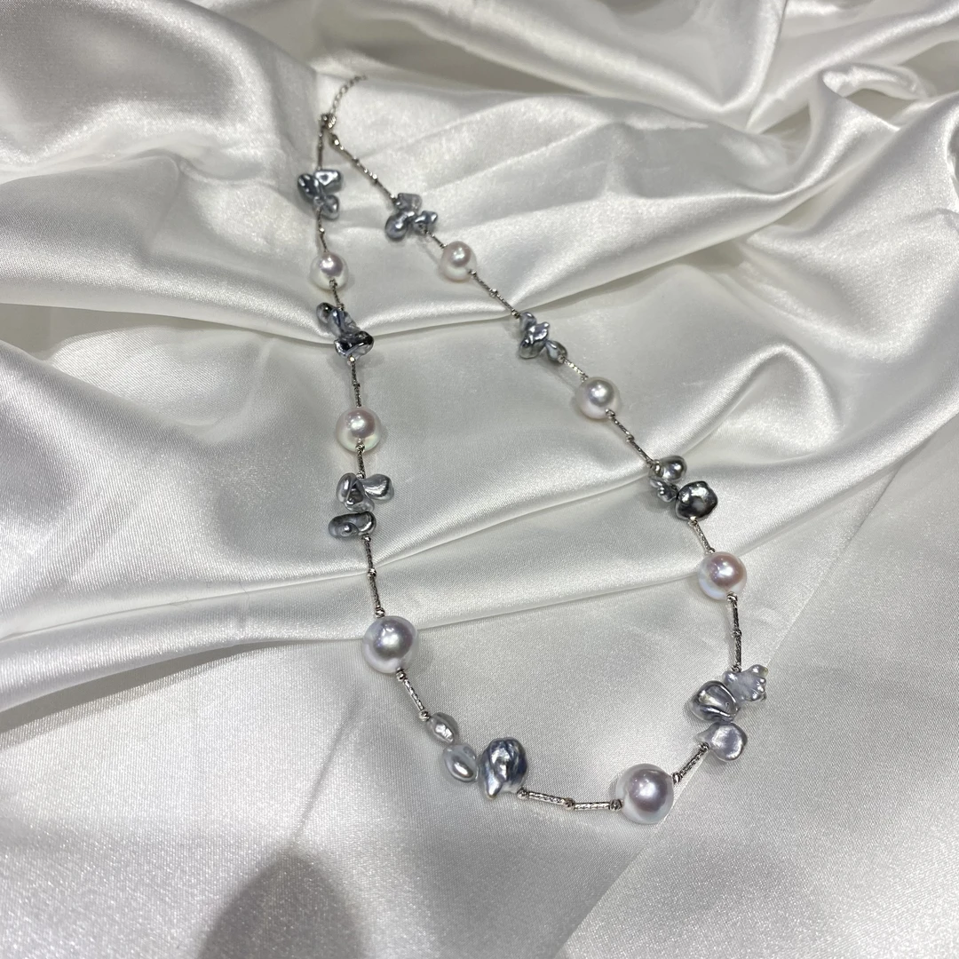 18K金Akoya大点位海水大溪地keshi珍珠设计款项链9-9.5mm