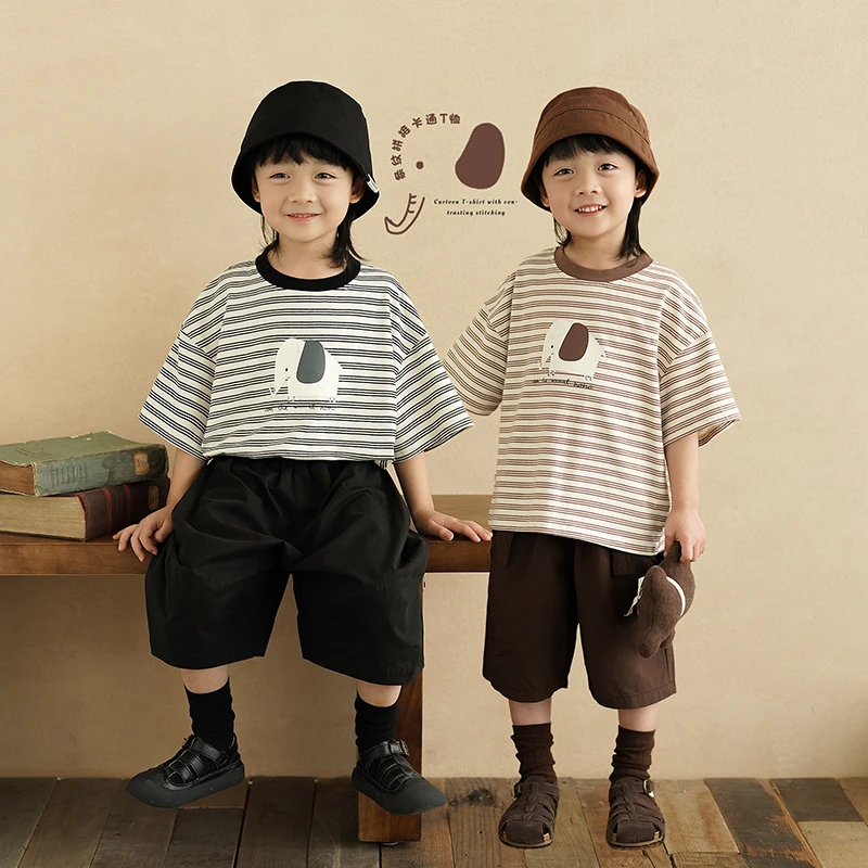 砚台家男童条纹短袖T恤2025夏季新款儿童卡通体恤男宝宝圆领上衣