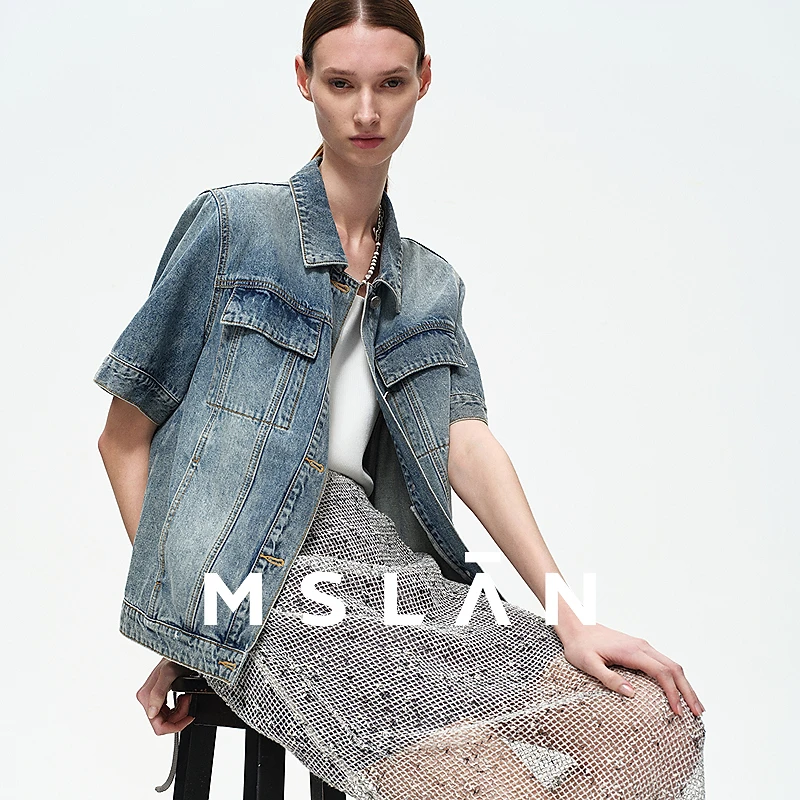 MSLAN|商场同款秋季新款分割洗水做旧牛仔短袖外套MGCW1381