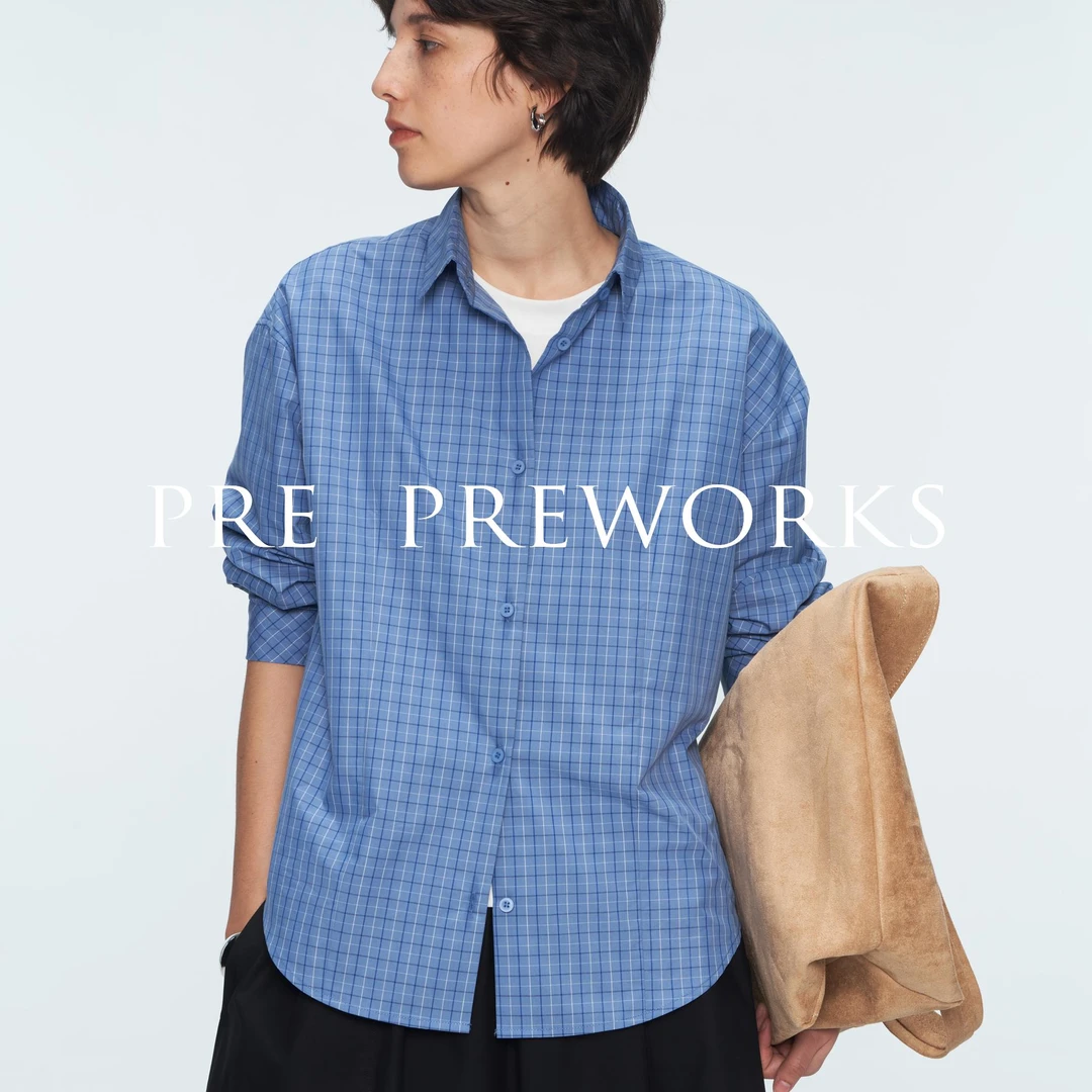 PRE PREWORKS时髦预科生精梳棉经典蓝白格长袖衬衫