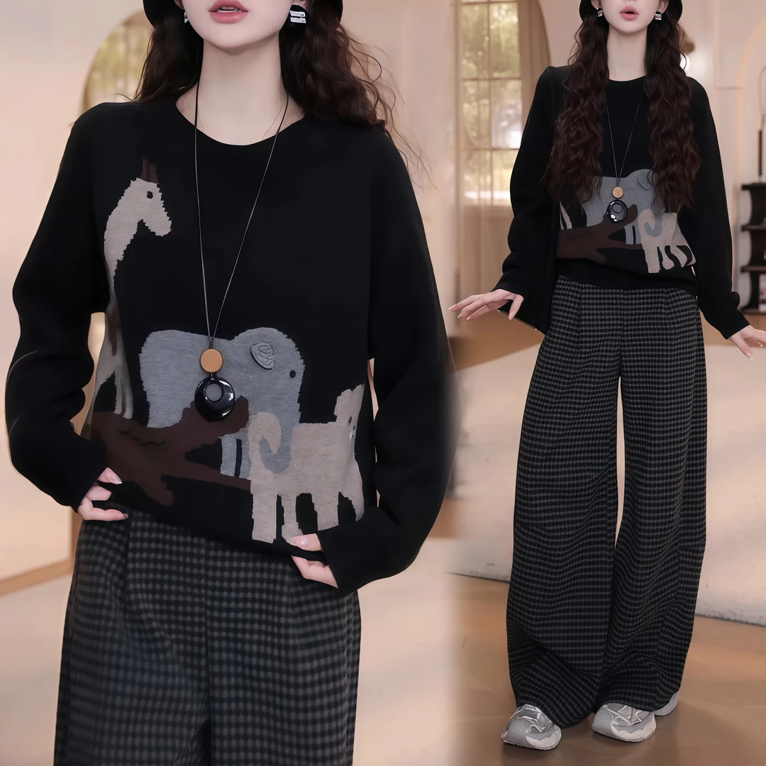 秋季宽松动物绣花圆领套头长袖针织衫女+高腰黑色格子休闲裤套装