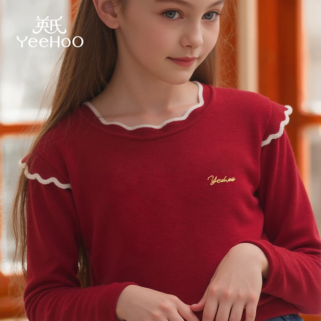 英氏【花边领薄款毛衫】秋季时尚女童针织衫女童毛衣儿童服装童装