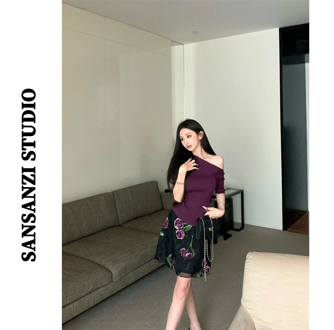 SANSANZI法式复古不规则开叉斜肩T恤女夏季黑色印花半身裙两件套