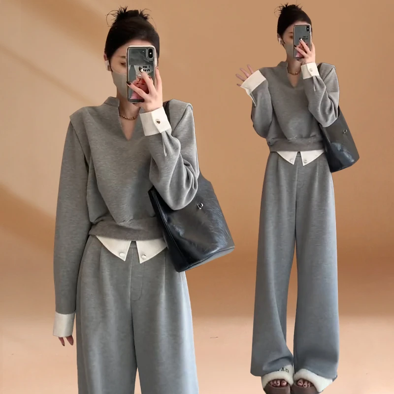 设计感套装女2025新款拼接撞色小V领上衣直筒阔腿休闲长裤两件套