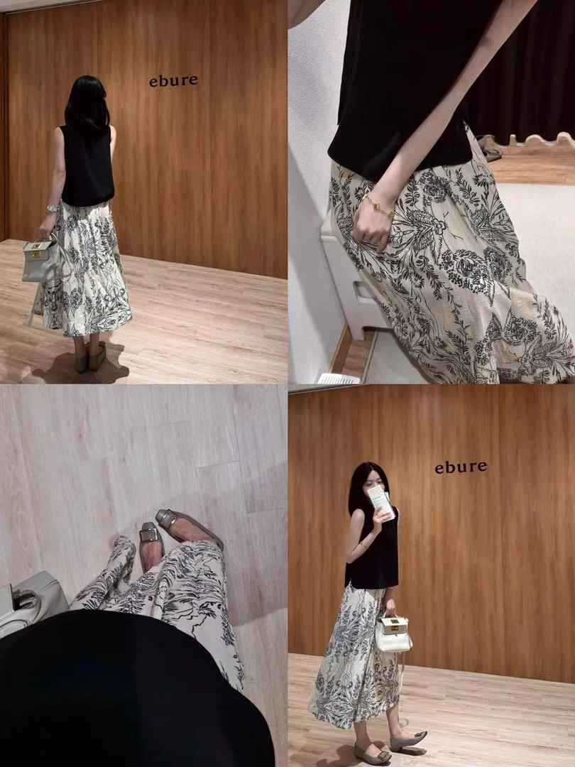 (XI ZI女装）25023法式复古碎花半身裙+针织镂空无袖上衣套装