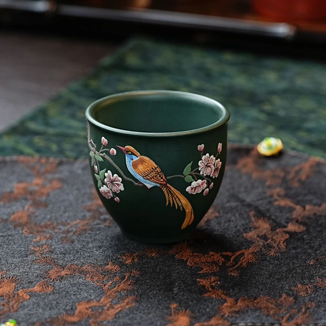 宜兴正宗紫砂苏门答腊青泥绘鸟杯紫砂杯主人杯纯手工手绘精美茶道