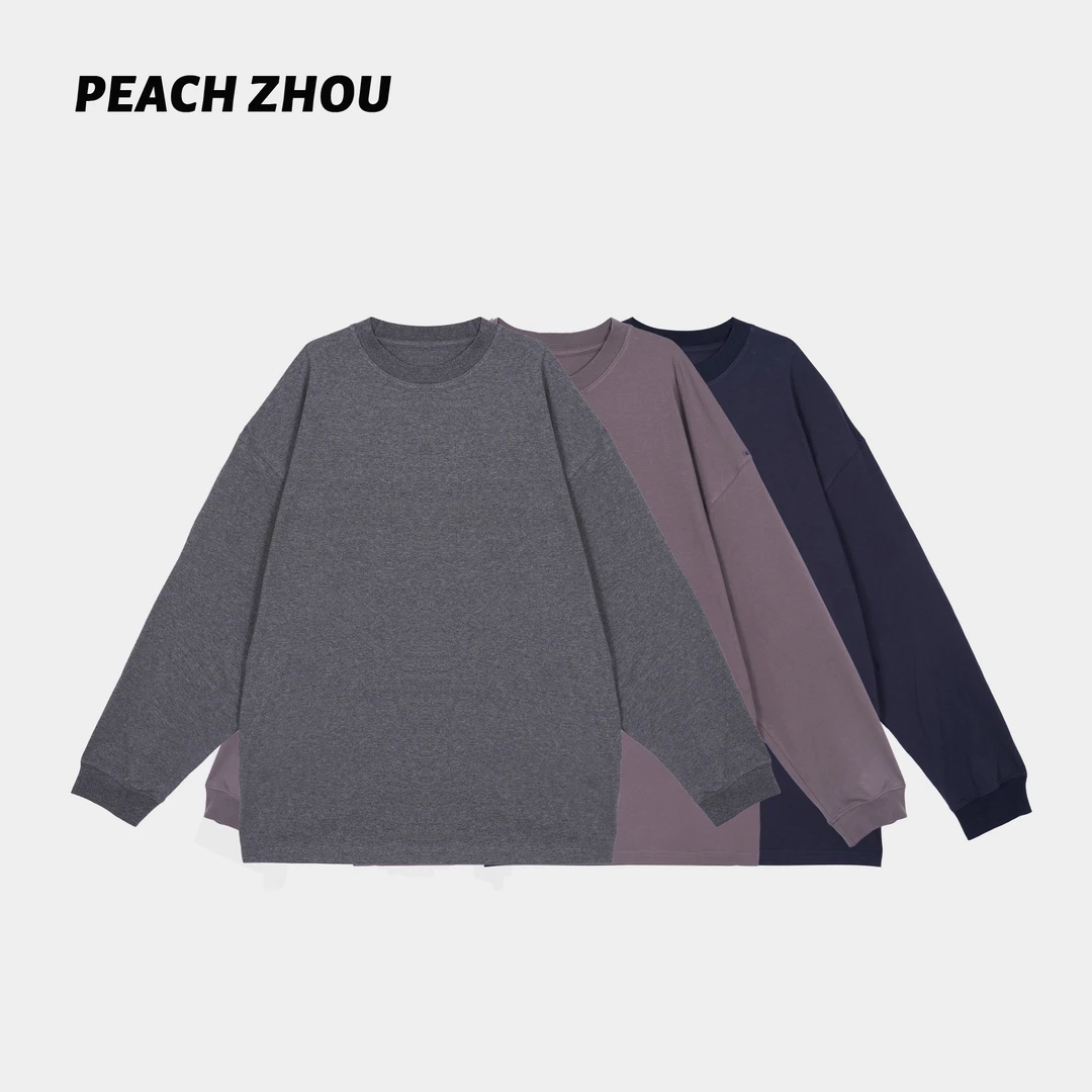 『PEACHZHOU』100棉简约纯色宽松圆领打底长袖休闲百搭情侣内搭T恤