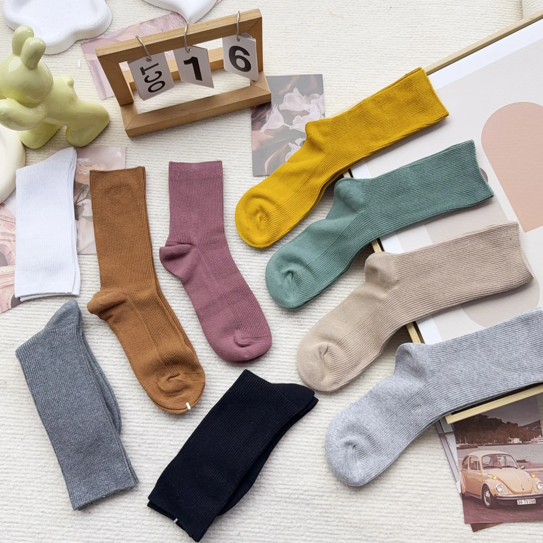 AA4 十双女袜秋冬休闲纯色中筒袜