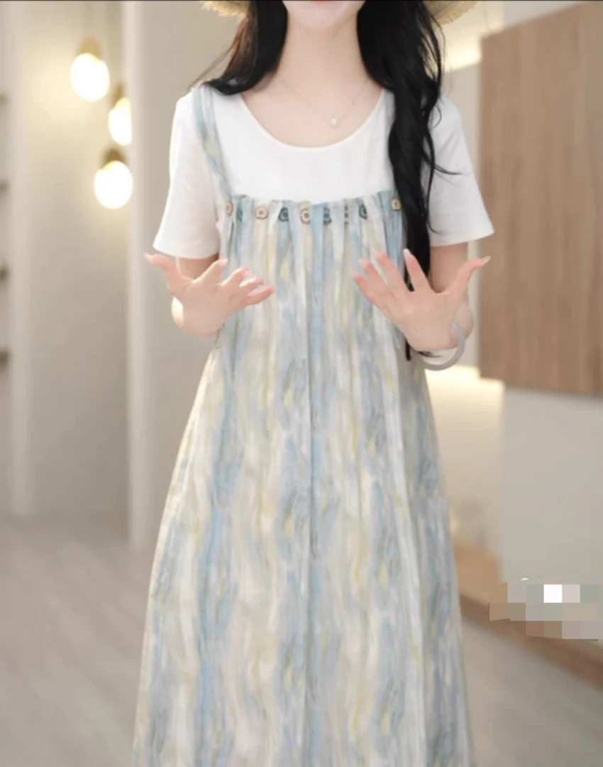 T1338（4034）背带连衣裙2025洋气遮肉显瘦宽松适合夏季