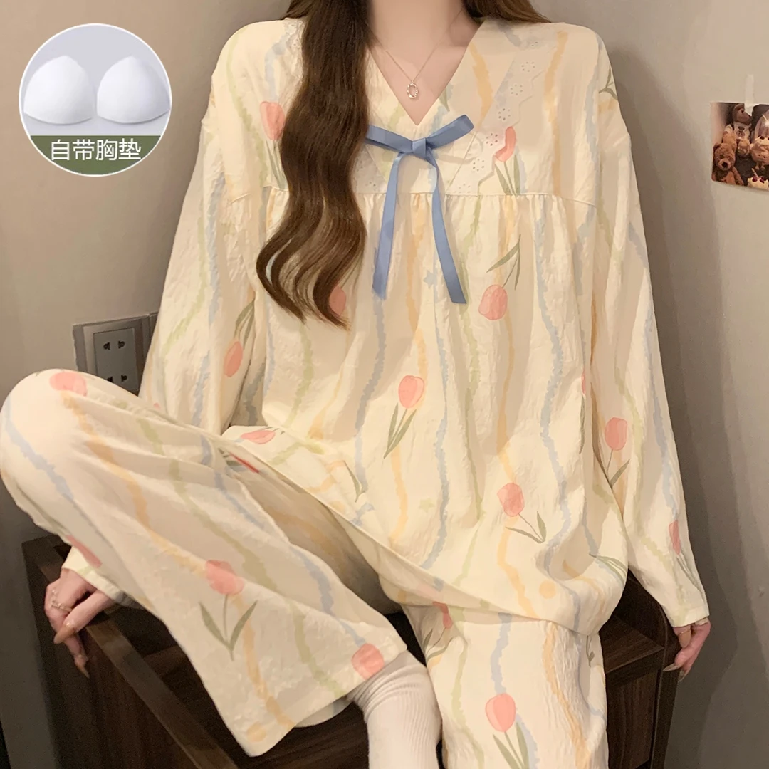 带胸垫睡衣女春秋季女士云朵棉甜美简约睡衣女家居服可外穿套装