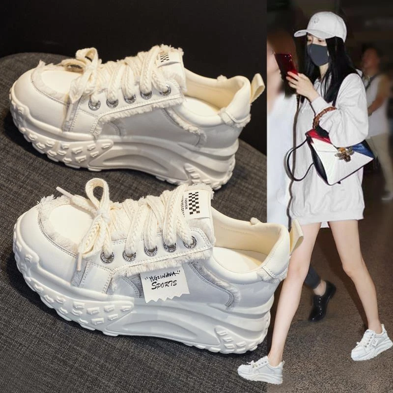 万达撤柜头层牛皮内增高小白鞋女2025秋季厚底松糕休闲运动老爹鞋