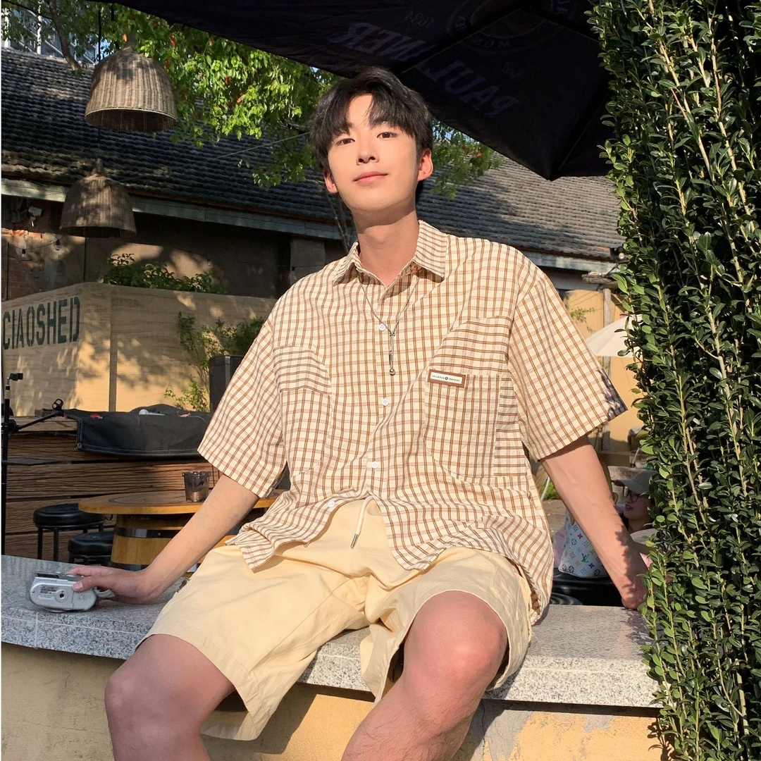 【ONEARTS衬衫】2025夏季日系少年感格子贴标宽松翻领休闲短袖衬衫