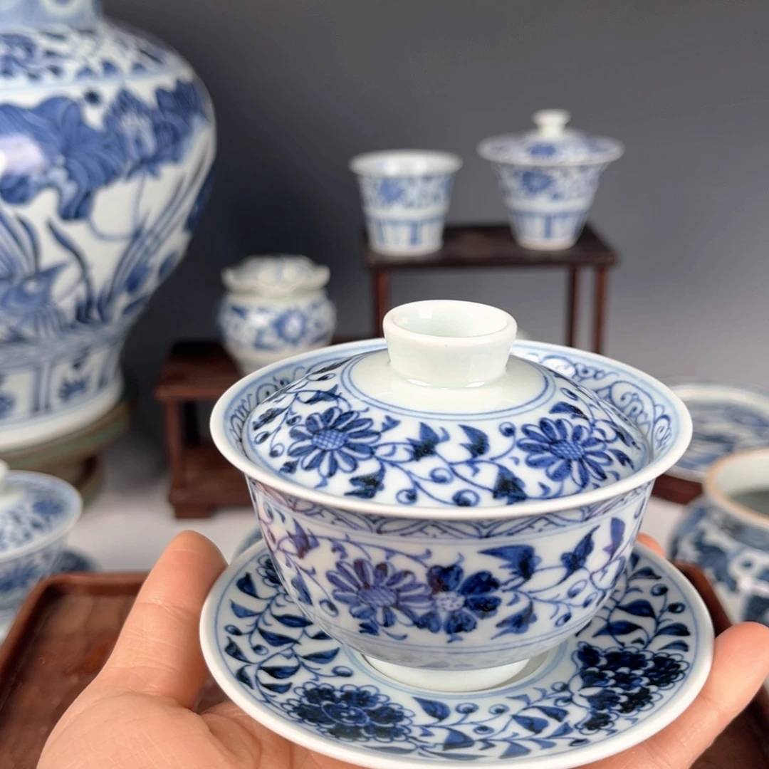 一***歌青花三才扁菊盖碗