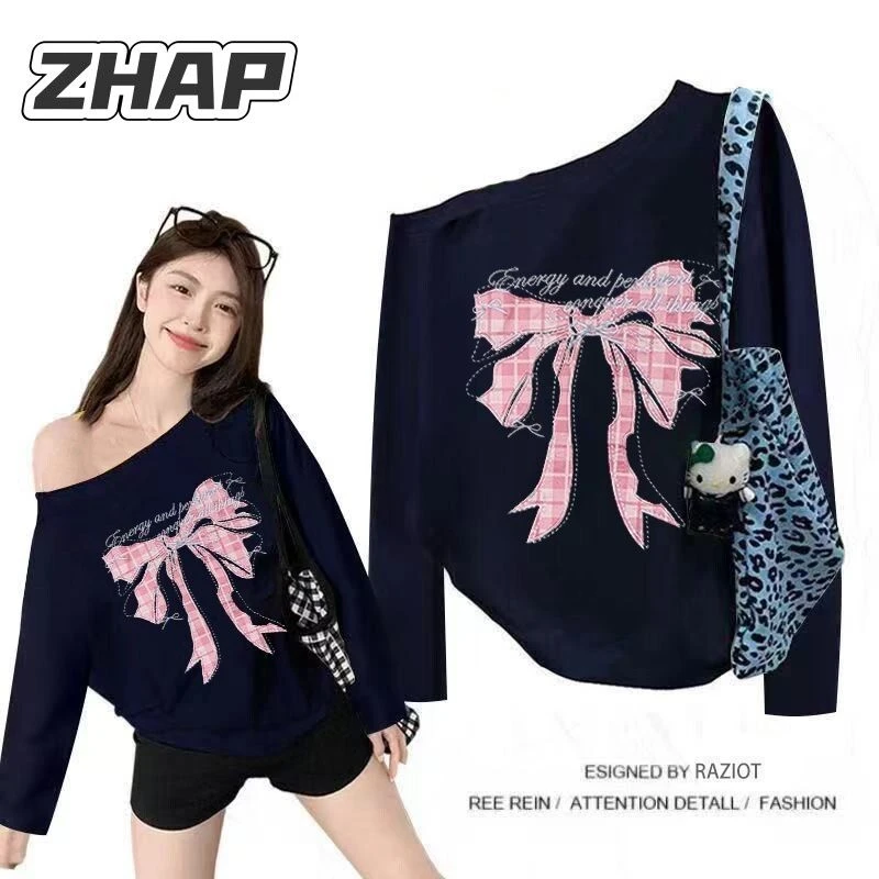 【ZHAP】斜领露肩百搭爆款浪漫蝴蝶结长袖t恤女韩系穿搭时尚显瘦潮