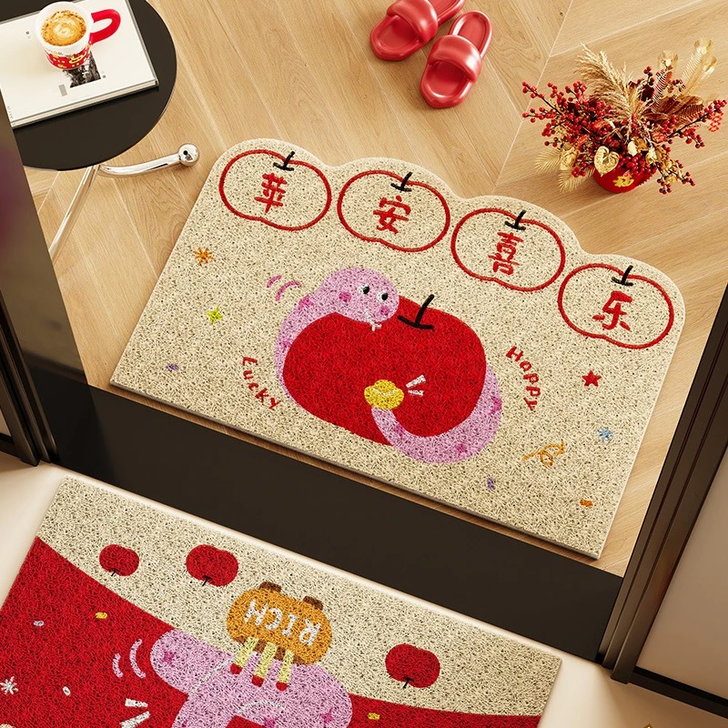 蛇年2025新年红色卡通丝圈地垫入户门口可爱脚垫玄关耐脏除尘垫子