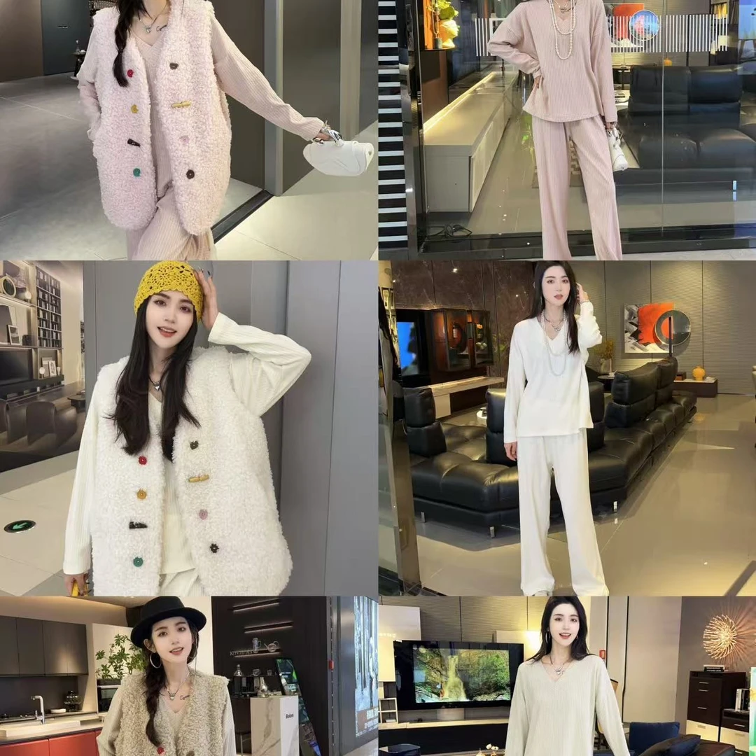 LL琳欧洲站小香风 V领百搭马甲羊羔毛皮毛一体毛外套➕针织套装910