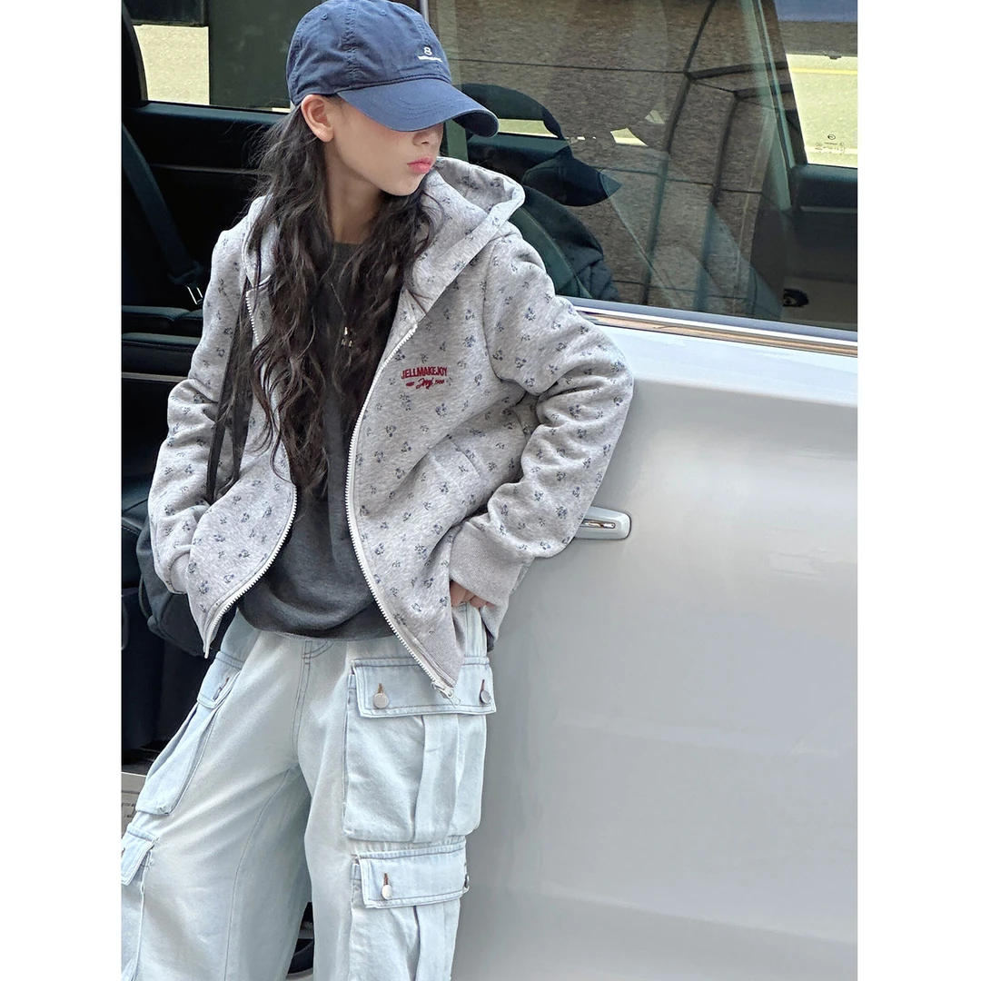 K29768孙小美美式复古女童碎花外套2025秋装新款儿童连帽上衣春秋
