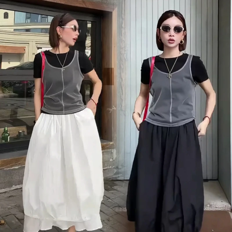 夏季洋气休闲显瘦背心纹理感t恤叠穿两件套+松紧腰半身裙子女装